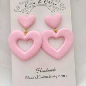 Pink Matte Chunky Double Heart Dangle Earrings Gold Clay Handmade Retro Barbie